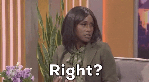 SNL gif. From the "Your Voice Chicago" sketch, Issa Rae enthusiastically turns to left of frame and exclaims as she turns up her hands. Text, "Right?"