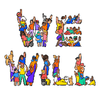 Digital art gif. The words “We Will” are shaped with diverse smiling people pumping their hands in the air against a transparent background.