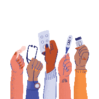 Digital art gif. Diverse collection of hands waving in the air a bandage, a stethoscope, a plan B pill, a thermometer, and a prescription bottle, below the message, "Abortion is healthcare."