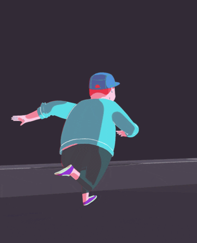 Digital art gif. Man with a baseball cap is running through the night. His arms move back and forth with each step and he glances behind his shoulder.