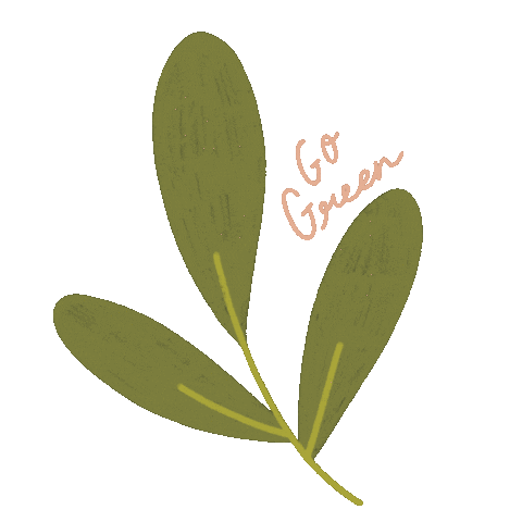 Sticker gif. Olive leaves rocking peacefully with a message in a peachy script font. Text, 'Go green.'