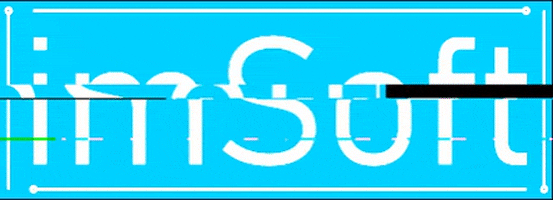 Text gif. Against an electric blue background, white text reads, "imSoft." A glitchy effect overlays the text.