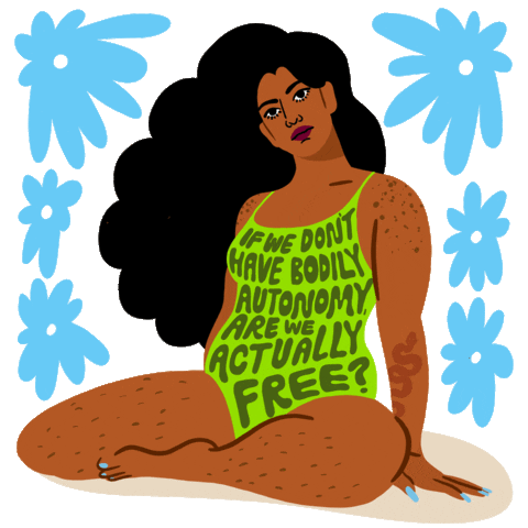 Digital art gif. Woman with curly back hair wearing a lime green bathing suit sits amongst flashing blue flowers against a transparent background. Text, “If we don’t have bodily autonomy, are we actually free?”