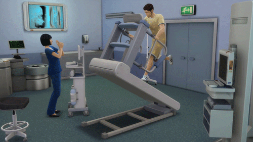 Video game gif. Two Sim characters are standing in a hospital room and one of them is on a treadmill, which is heavily inclined. The character flies off, with their hands still holding onto the bars.