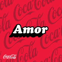 Sponsored gif. The word "Amor" in white letters with a red outline. White hearts float off the last letter. Red Coca-Cola logos float by in the background, and a white Coca-Cola logo is in the lower left corner. 