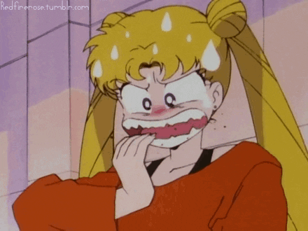 Anime gif. Usagi Tsukino in Sailor Moon has a nervous expression on her face. Her eyes are wide and sweat drops form on her head. She rapidly bites her nails. 