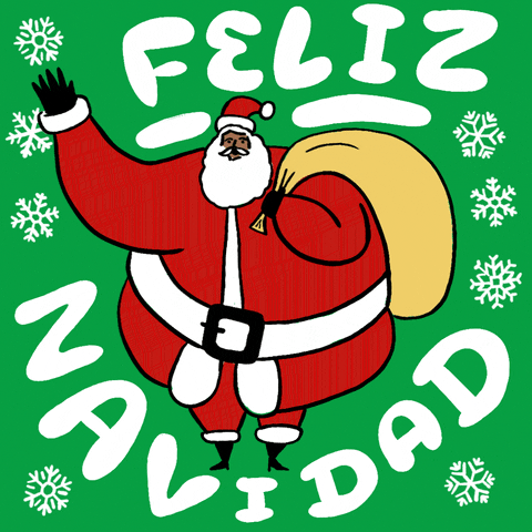 Illustration gif. Santa Claus waves at us while he slings a bag full of toys over his shoulder. Snowflakes dance around him. Text, “Feliz Navidad.”