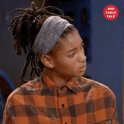 TV gif. In a scene from Red Table Talk, Willow Smith closes her eyes and sighs. Something heavy just happened offscreen.