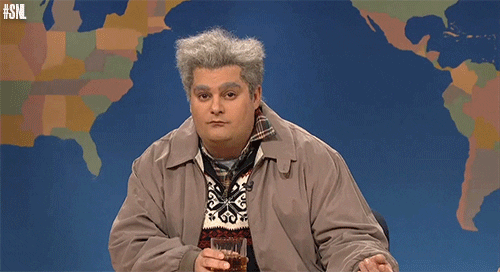 SNL gif. Bobby Moynihan as the Drunk Uncle on Weekend Update sneers and blows raspberries.