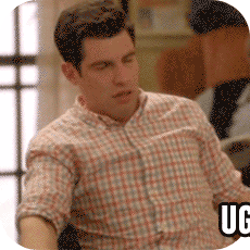 TV gif. Max Greenfield as Schmidt in New Girl rolls his head back as he flops over in a chair. Text, "Ughhhh."