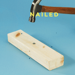 Stop motion gif. A small piece of wood moves onto screen, and a hammer pounds in a single nail. Text, "Nailed it!"