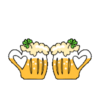Sticker gif. Two glass beer steins with heart-shaped handles, foamed over with light ale and garnished with a clover, clinking together.