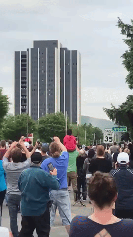 Onlookers Gather as Bethlehem's Martin Tower Comes Down