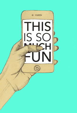 Digital art gif. Hand scrolls an iPhone The text scrolls up continuously. Text, “This is so much fun. This is so much fun. This is so much fun.”