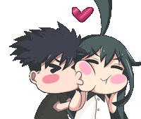 Sticker gif. Illustrated anime couple in love. The boy is holds the girl and kisses her on the cheek and both their eyes are closed in happiness. Her chubby cheek squishes with the contact and a red heart appears above them.