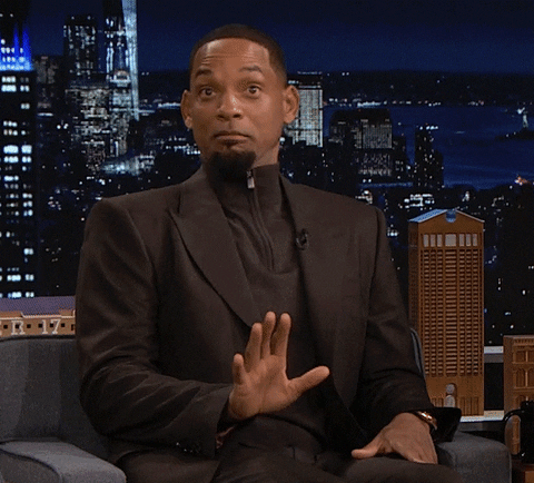 Celebrity gif. Will Smith in a late night interview holds up a hand and makes a wide-eyed strained expression like it's a hard pass for him.