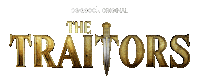 Sponsored sticker gif. Logo for the original Peacock show, “The Traitors.” Logo is the name of the show in glimmering gold lettering. The second T in Traitors has been replaced by a dagger.