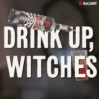 Sponsored gif. Zombie hands are pouring a Halloween-themed bottle of Bacardi into a cocktail shaker. Text: "DRINK UP, WITCHES"