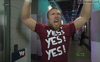 Sports gif. Wrestler Daniel Bryan wears a Yes Yes Yes shirt and pumps his arms in the air with intensity as he does his Yes chant.