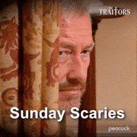 Sponsored gif. Traitors cast member Lord Ivar Mountbatten peaks around the edge of a patterned curtain. Text reads, “Sunday Scaries.”