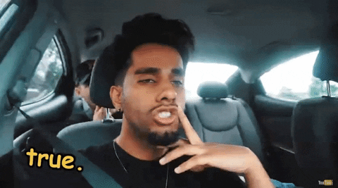 Video gif. A man with a goatee holds a finger to his face as he casually drives a van. Text, "True" (repeating).