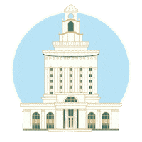 Digital art gif. Illustration of a large banner unfurling from the top of Oakland City Hall. The banner says, "By the people of Oakland, for the people of Oakland," in large capital letters.