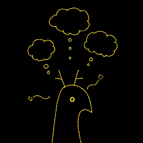 a bird character with thought bubbles above its head and the a light bulb appears above its head against a black background