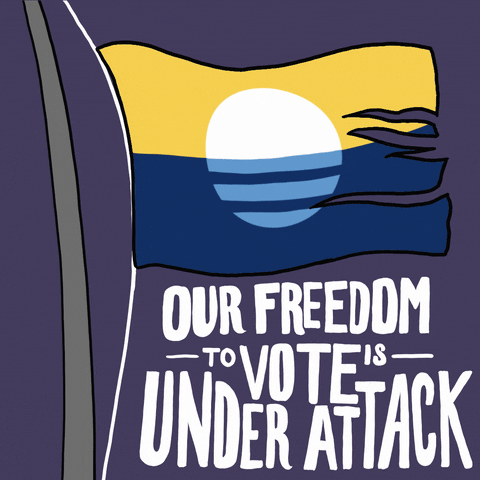 Digital art gif. Yellow and blue frayed Milwaukee flag attached to a gray flagpole waves against a gray-blue background with the text, “Our freedom to vote is under attack.”