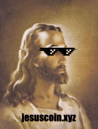 Digital art gif. Jesus wears pixelated sunglasses and looks to the side. Text, "Jesuscoin.xyz"