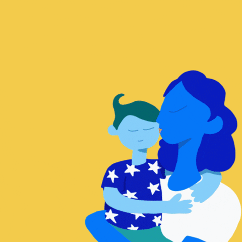 Illustrated gif. Woman holds a boy who wears a blue shirt with white stars and wraps his arms around her. Text on a golden yellow background, "The American Rescue Plan cut child poverty in half."