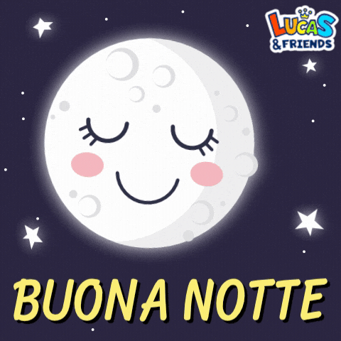Cartoon gif. A smiling full moon from Lucas and Friends sways against a starry night sky. Text, "Buona notte."