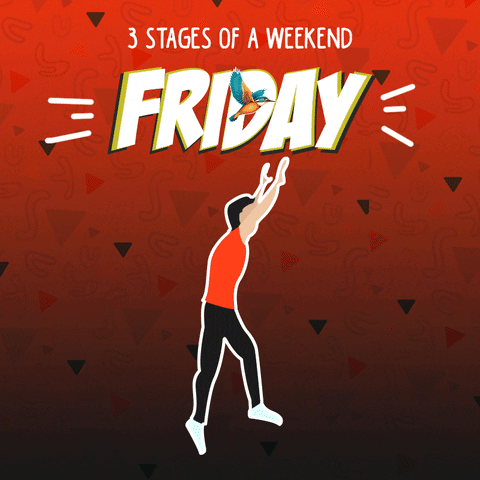 Text gif. White text on a red background with small triangle pattern reads "3 stages of a weekend," and below text changes from "Friday" to "Saturday" to "Sunday." Below the text, an illustrated man does a handstand in 3 stages corresponding to those days: leaning into it (Friday), centered in the handstand (Saturday), and stretching forward to land (Sunday).