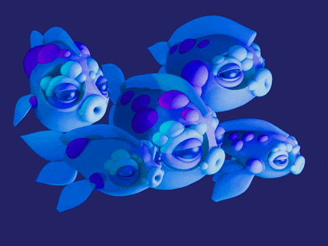 5 blue 3d fish with bubbles on them all swimming next to each other in sync