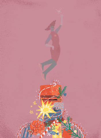 Digital art gif. Woman in ice skates kicks one foot up at the top of a decorated whiskey bottle as she holds a sparkling star above her head.