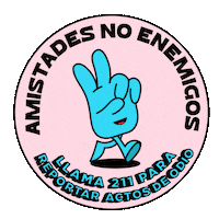Digital art gif. Light pink circle sticker over a transparent background features a blue smiling hand giving a peace sign marching forward. Text, “Amistades no enemigos. Llama 211 para reportar actos de odio.”