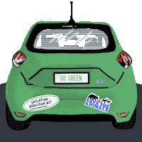 Text gif. Back of a green electric vehicle with bumper stickers that read, "Inflation reduction act," and, "save the animals."