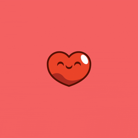 Kawaii gif. A happy, shiny heart with a closed-eye smiley face pulses as pink and red heart shapes expand behind it to fill the background. 