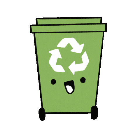 Sticker gif. Green recycling bin has a grinning face and the recycling symbol spins on their forehead.