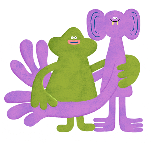 Illustrated gif. Green creature with bulbous cheeks leans into a hug with a taller lavender creature with fangs and huge hands.