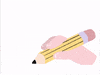 Illustrated gif. Hand holds a thick pencil and begins to draw a line before the pencil lead breaks.