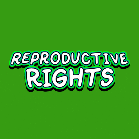 Digital art gif. White bubble text reading “Reproductive Rights” over a green background is crushed to bits by the United States Capitol Building.
