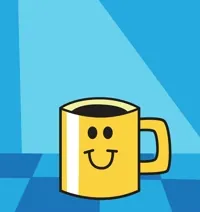 Digital art gif. A personified bright yellow mug full of coffee smiles as the steam from its top rises up to spell 
