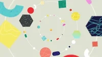 Text gif. We zoom in through concentric circles and colored shapes to a bouncing yellow sphere. Red and yellow waves circle around it beneath text that reads, 