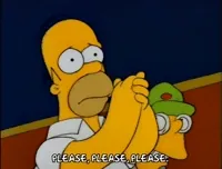 The Simpsons gif. Homer clasps his hands together in prayer and pleads with his eyes as he begs, 