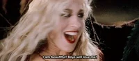 Movie gif. Sarah Jessica Parker as Sarah in Hocus Pocus. She is enraptured with herself as she grins and touches her head, smiling upwards and closing her eyes while saying, 