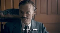 TV gif. A mustachioed Adam Campbell dressed in a period costume on Drunk History emphatically gestures and says 