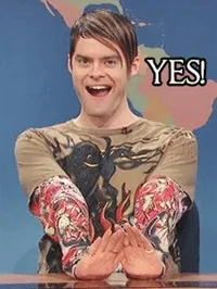 SNL gif. Comedian Bill Hader as Stefon in a Weekend Update skit raises his eyebrows in emphasis and says 