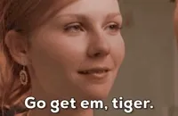 Movie gif. Kirsten Dunst as Mary Jane Watson in Spiderman. Her eyes gleam and she smiles warmly. Text reads, 
