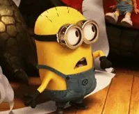 Movie gif. A surprised Minion from Despicable Me turns away, lowers its arms, and looks around with a shout. Text, 