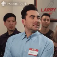 Schitt's Creek gif. Dan Levy as David sits in a room during a meeting, wearing a nametag. He says, 